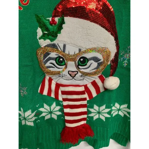 New Directions Petite “Meowy Christmas” Cat Ugly Christmas Sweater – Size PS - Picture 3 of 5